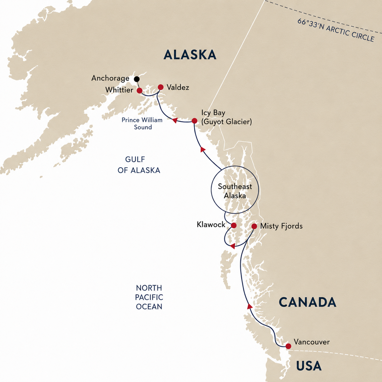 Alaska's Inside Passage route map — Vancouver to Whittier