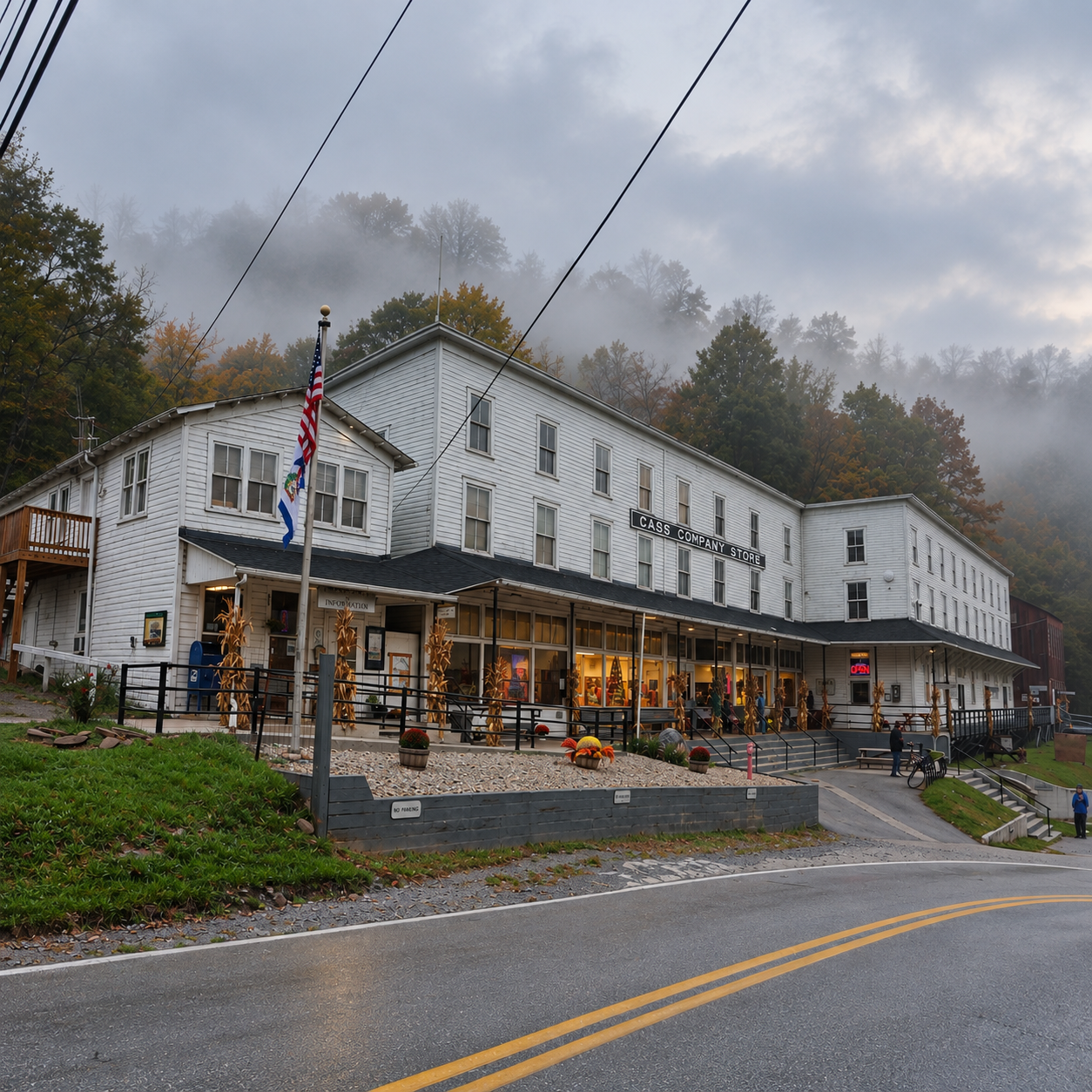 Cass Company Store on a foggy morning in Cass, West Virginia