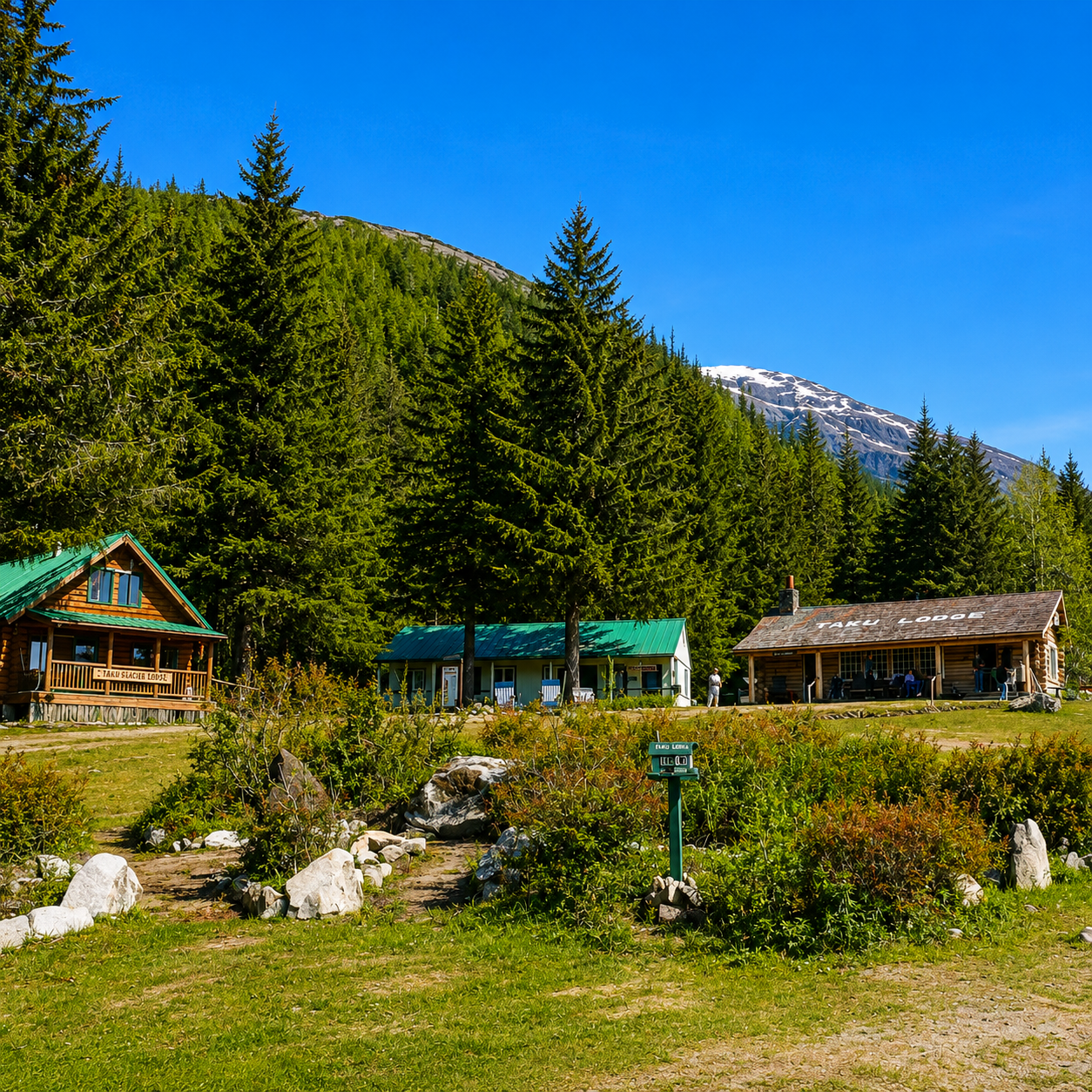 Taku Glacier Lodge cabins surrounded by forest and mountains in the Alaska wilderness