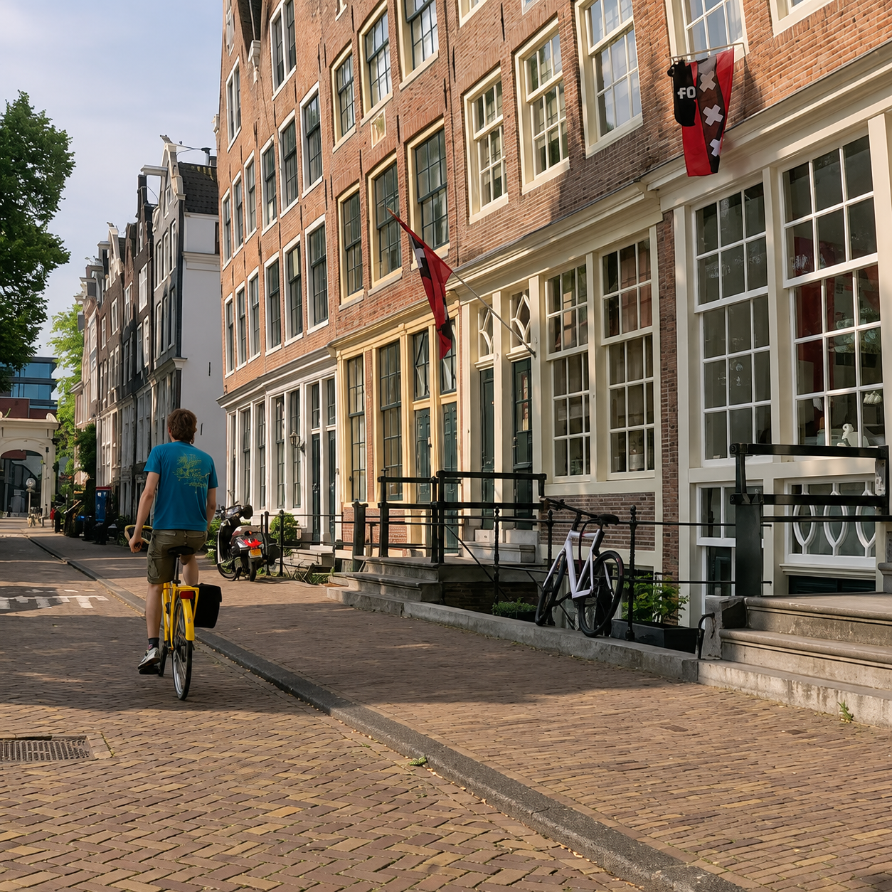 Historic canal rowhouses with Dutch flags along the bike tour route