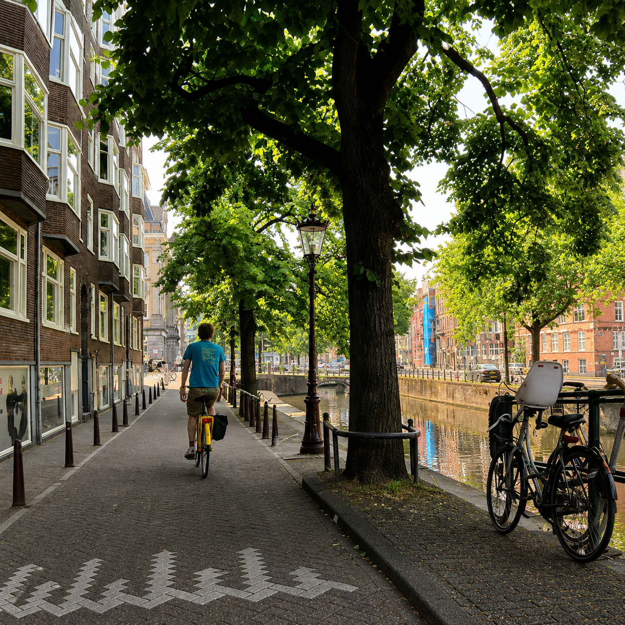Cyclists riding along an Amsterdam canal bike path lined with narrow townhouses