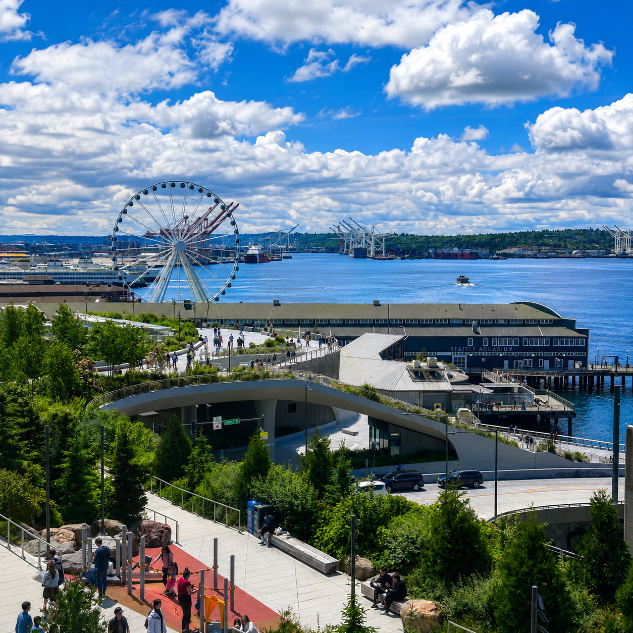 Seattle's revitalized downtown waterfront with the aquarium and Great Wheel on the way to the Pier 91 cruise terminal