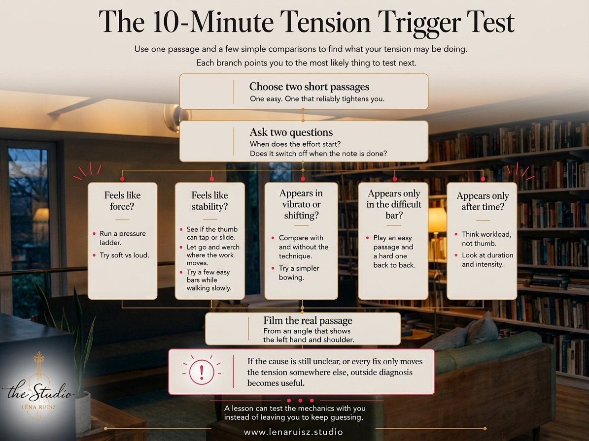 Flowchart of the 10-minute violin tension trigger test: choose an easy and a hard passage, ask when the effort starts and whether it stops, then five branches for force, stability, vibrato or shifting, the difficult bar, and fatigue over time, ending in filming the passage.