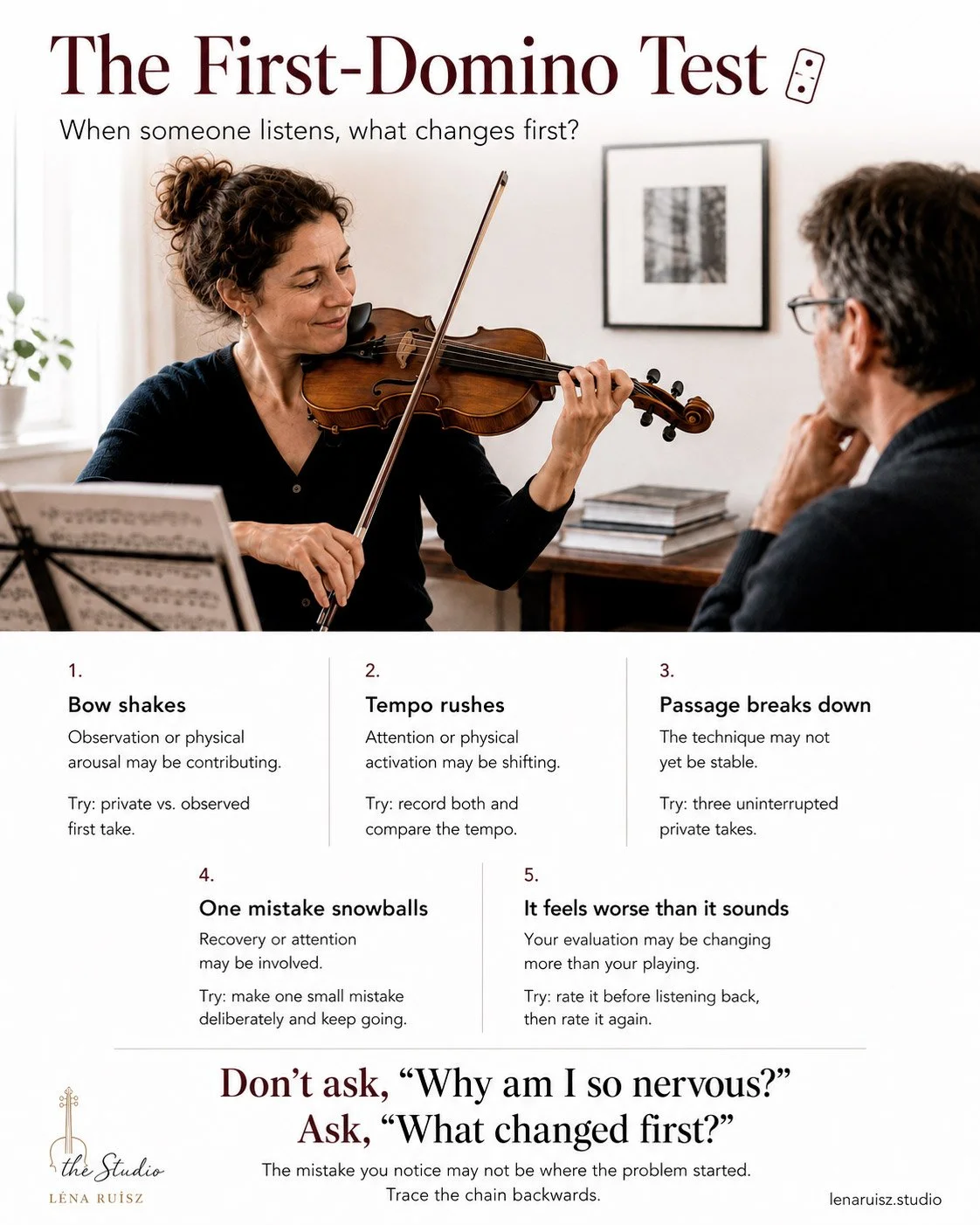 The First-Domino Test: five things that can change first when someone listens to your violin playing, each with a way to test it.
