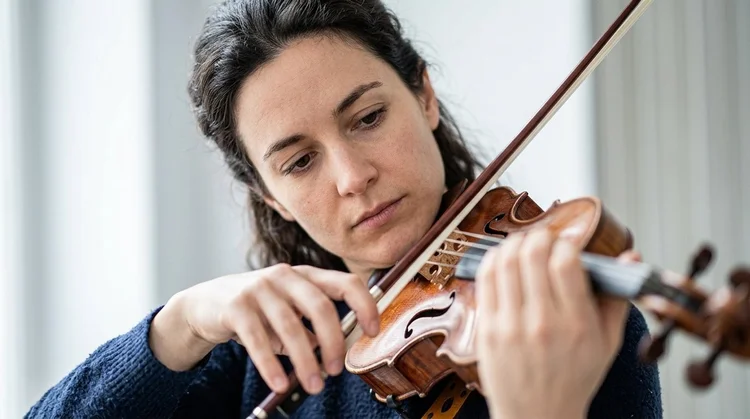 Adult violinist listening closely while placing a finger on the fingerboard, training intonation by ear
