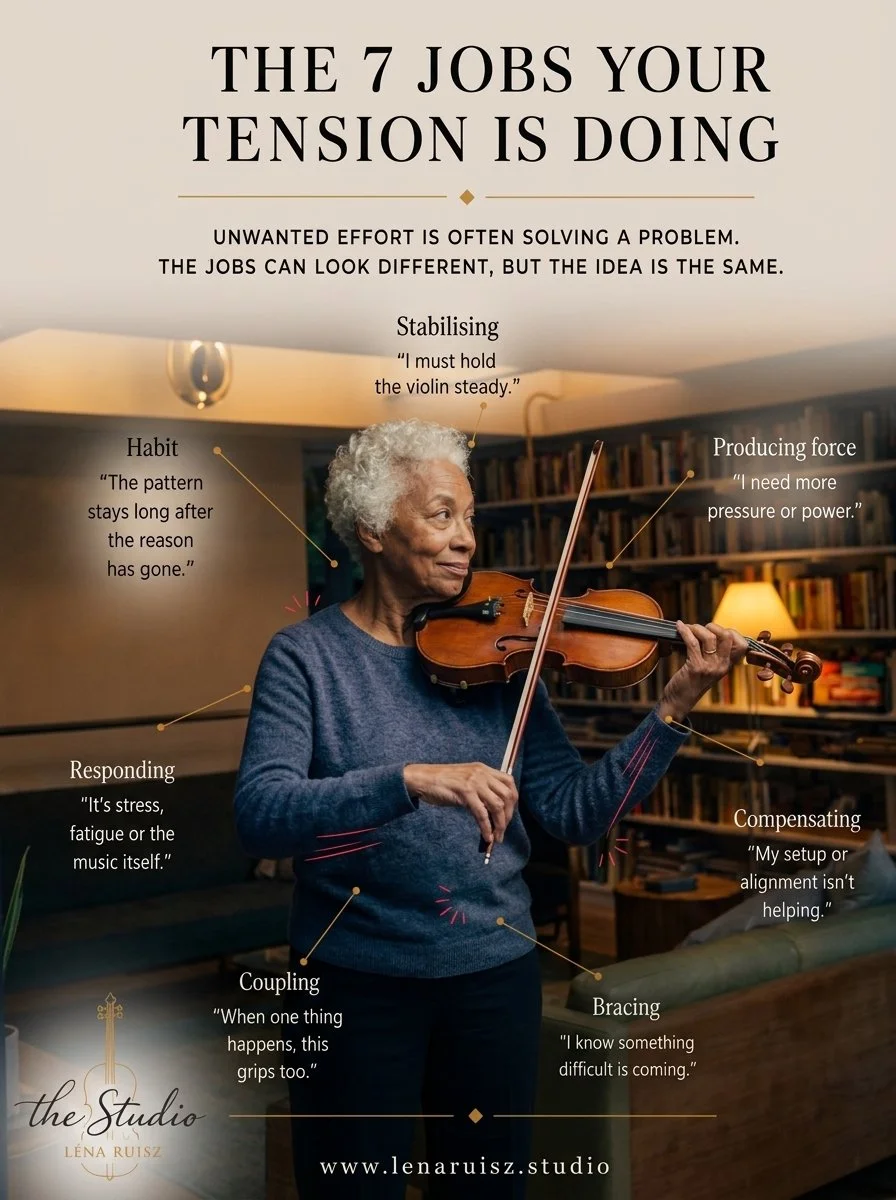 Illustration of a violinist playing, with the seven jobs unwanted tension may be doing labelled around her body: stabilising, producing force, compensating, bracing, coupling, responding, and habit, each with the player's thought behind it.