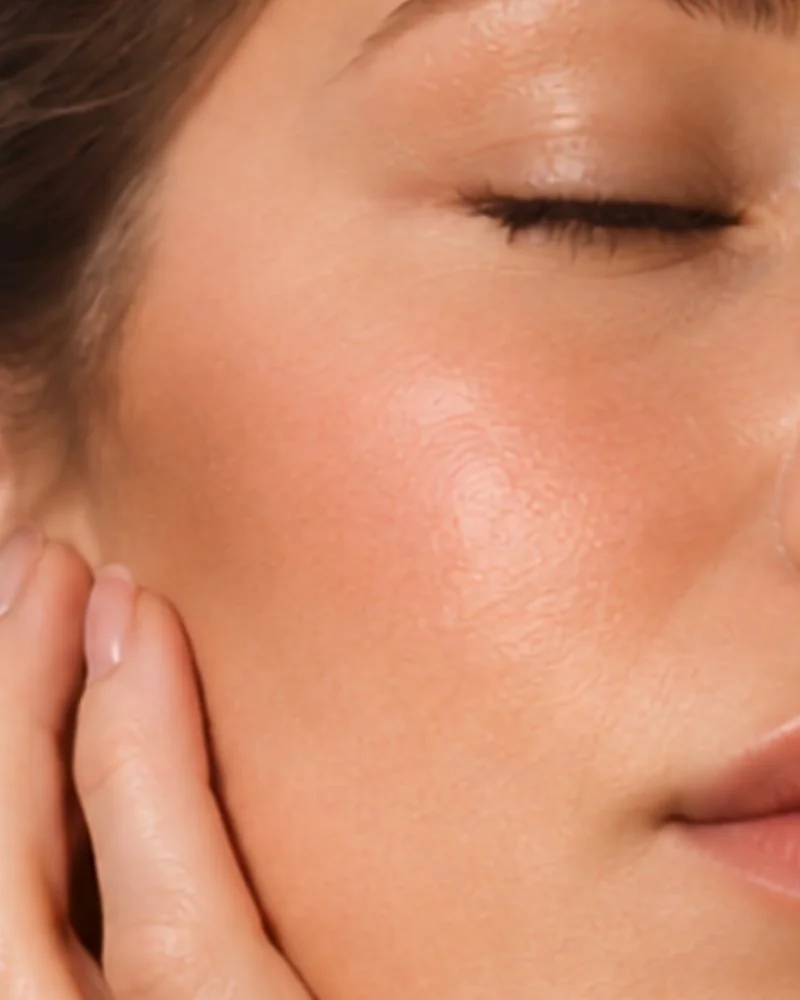Woman with closed eyes resting her hand against smooth, glowing cheek skin