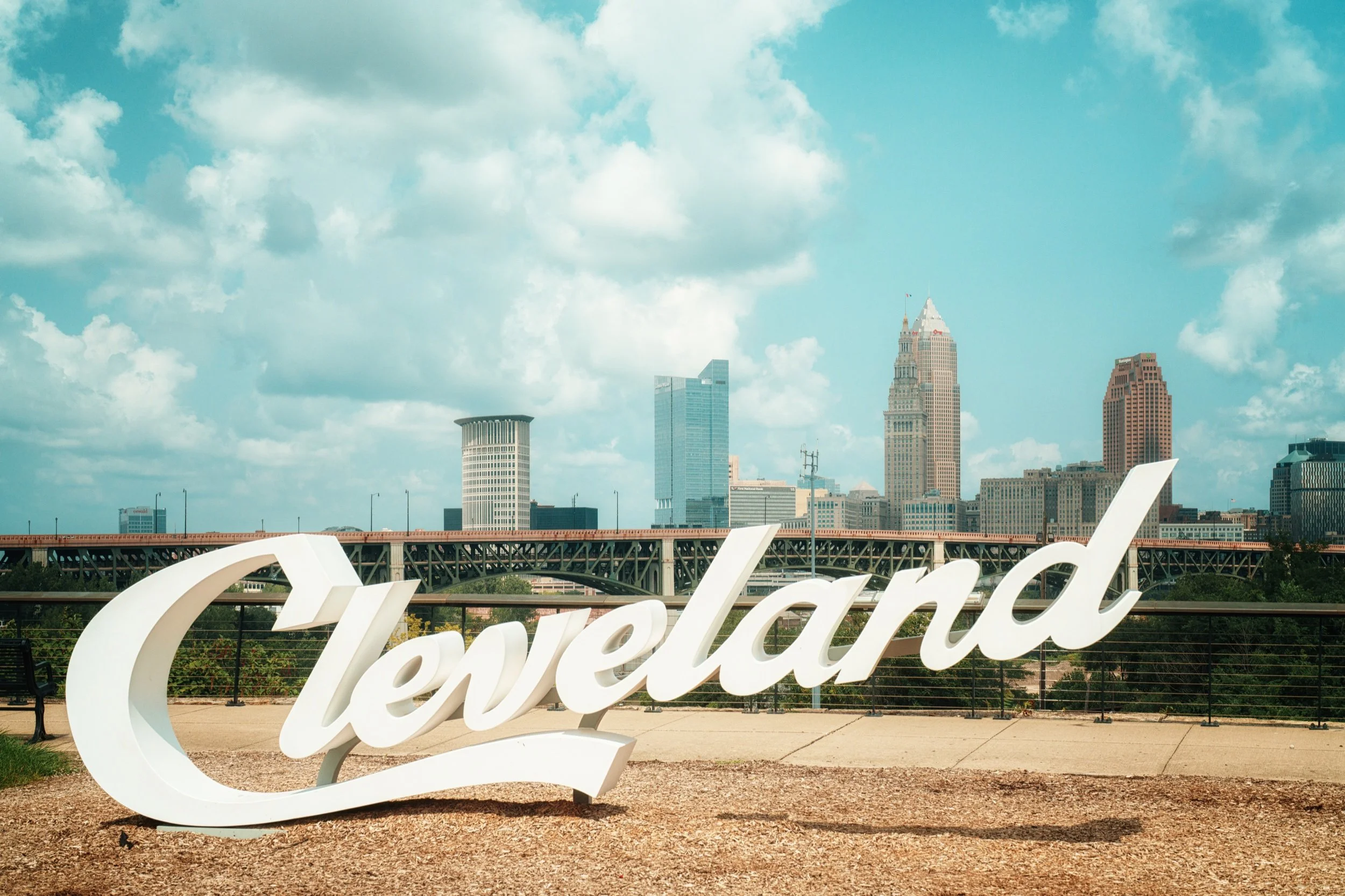 Cleveland sign with the downtown skyline beyond