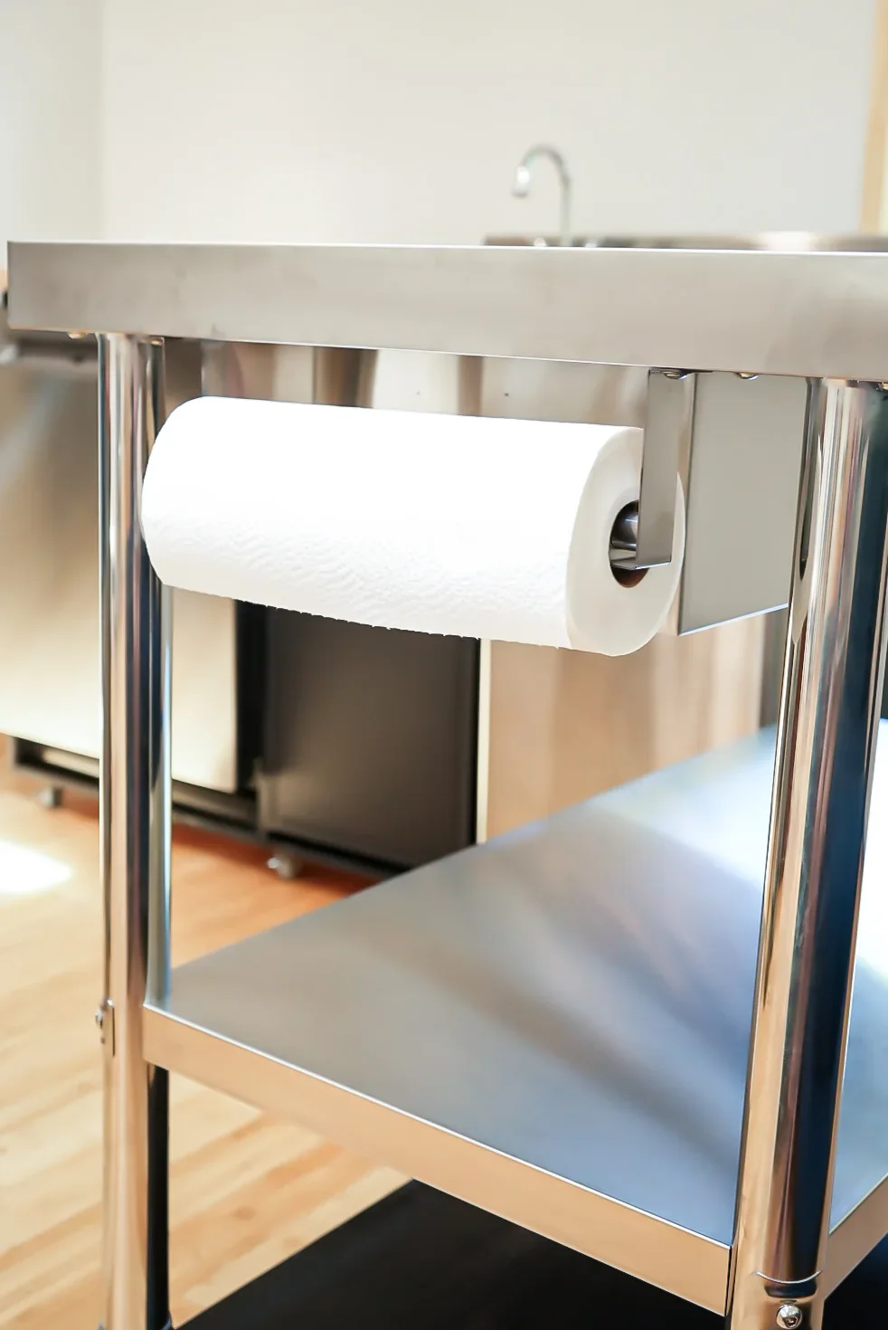 Paper towel holder attached to the mobile kitchen