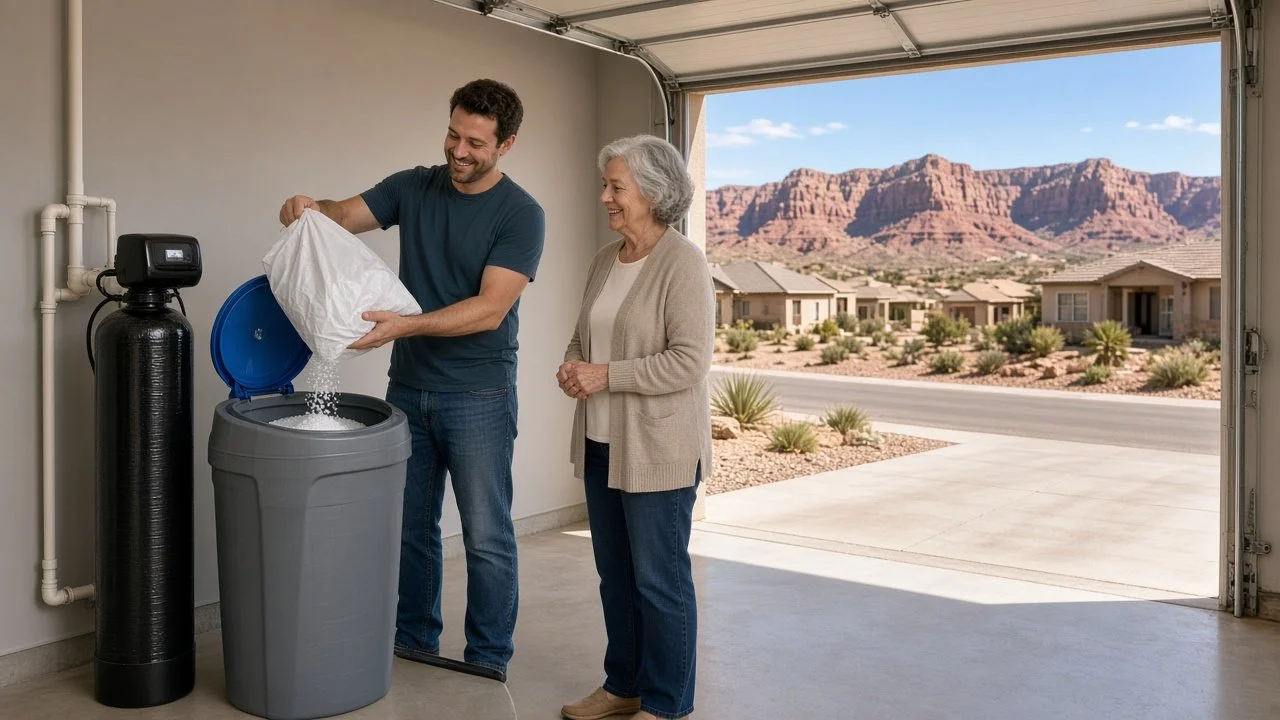 A Salt Boys guy pouring softener salt into a homeowner's brine tank while she looks on