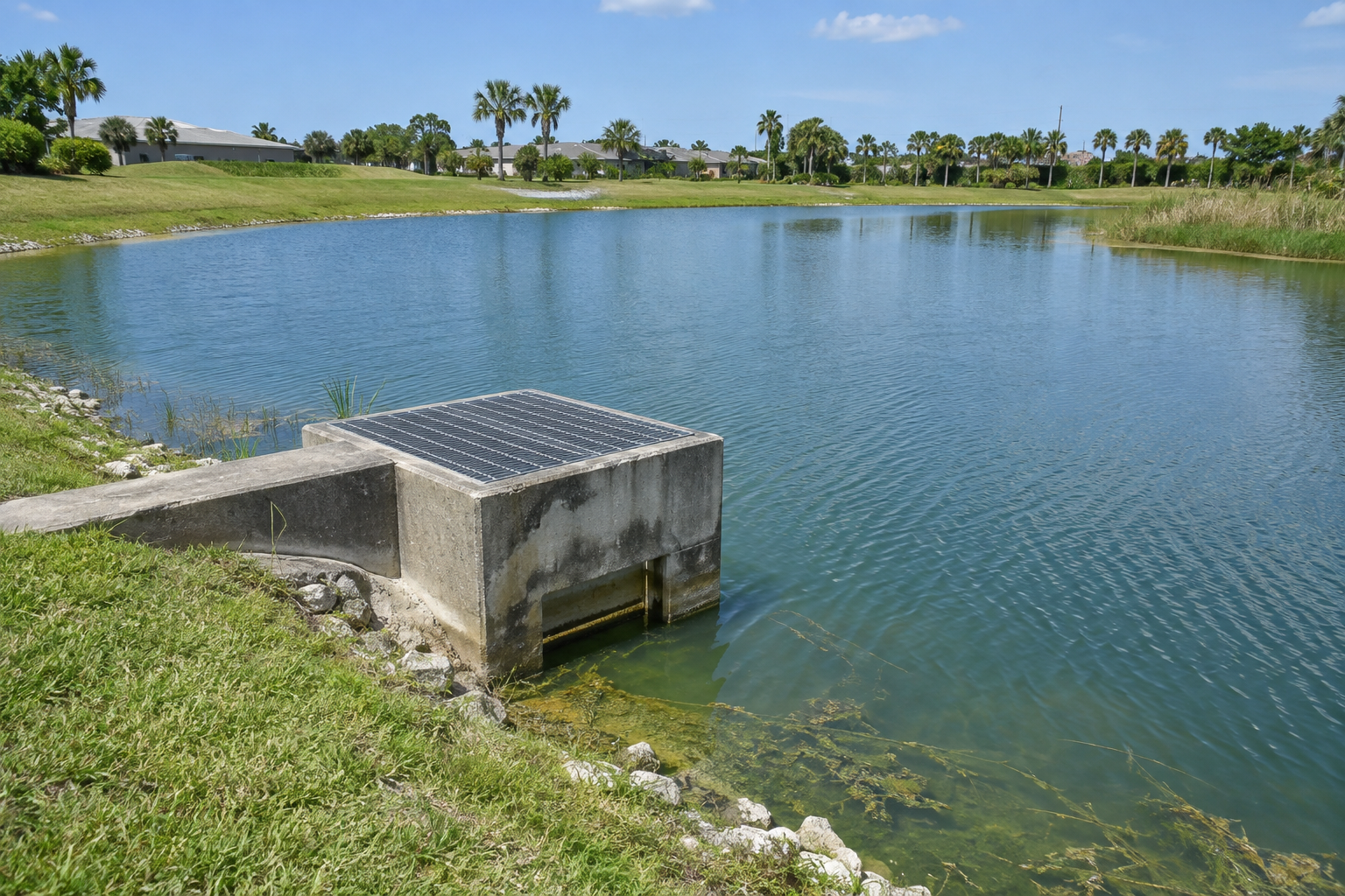 Conceptual illustration of a Florida stormwater pond with a concrete control structure.