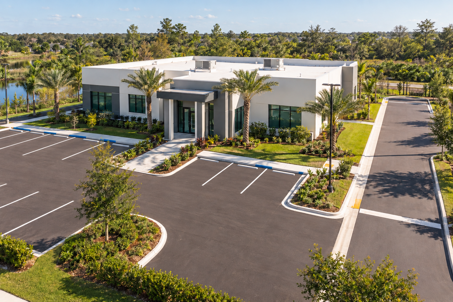 Conceptual illustration of a small Florida professional office site with parking and landscaping.