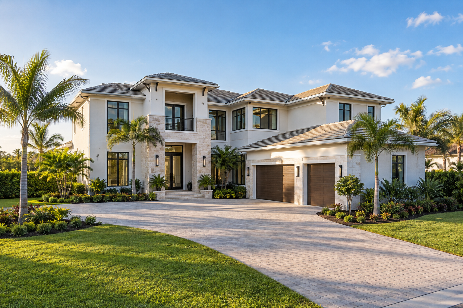 Conceptual illustration of an upscale Florida home, driveway, and landscaped residential site.