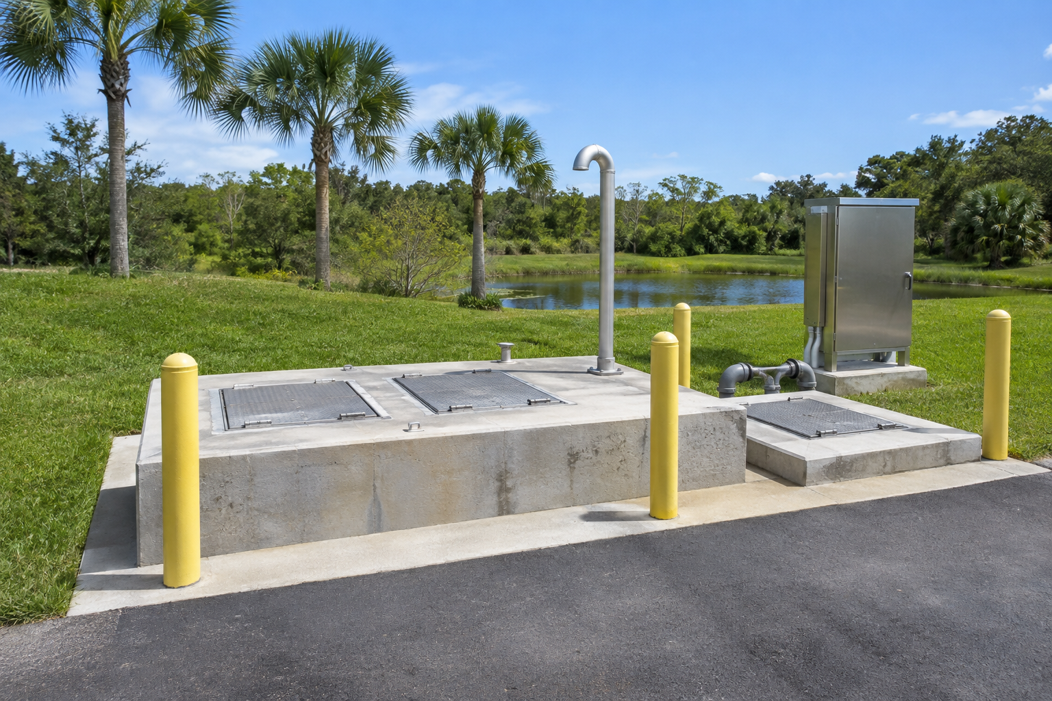 Conceptual illustration of a duplex wastewater lift station with access hatches and a control cabinet.