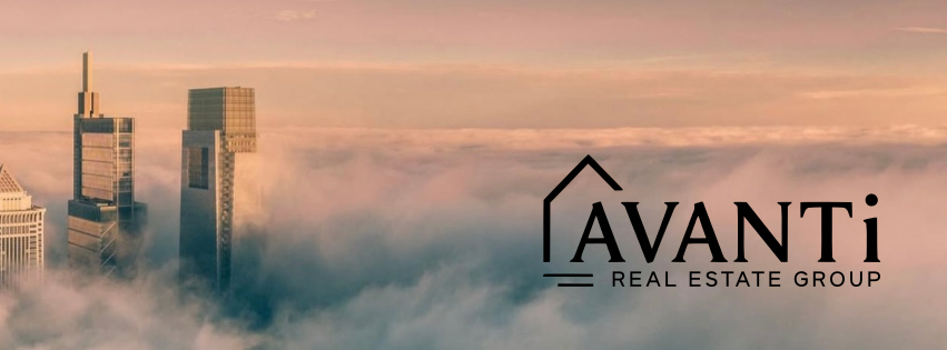 Philadelphia skyline above the clouds with the Avanti Real Estate Group logo