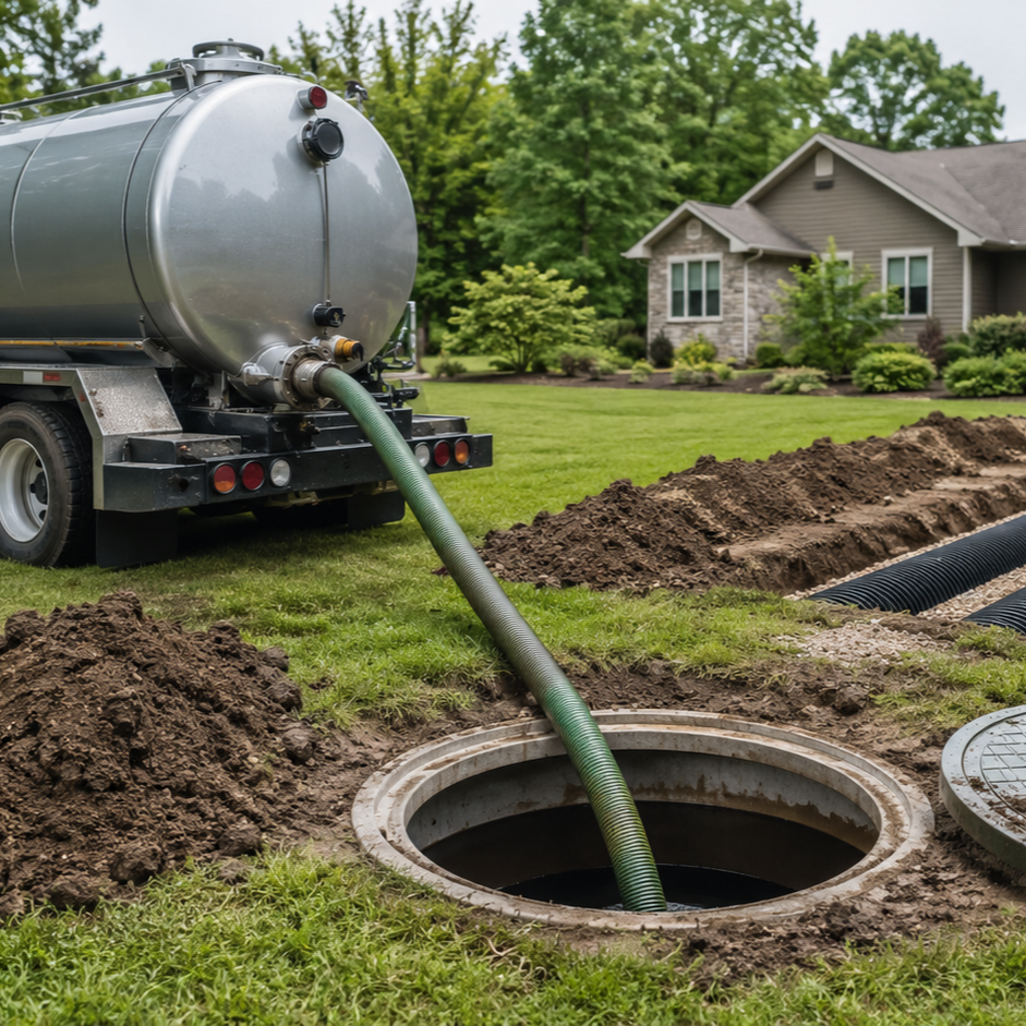 Professional septic tank pumping truck parked driveway