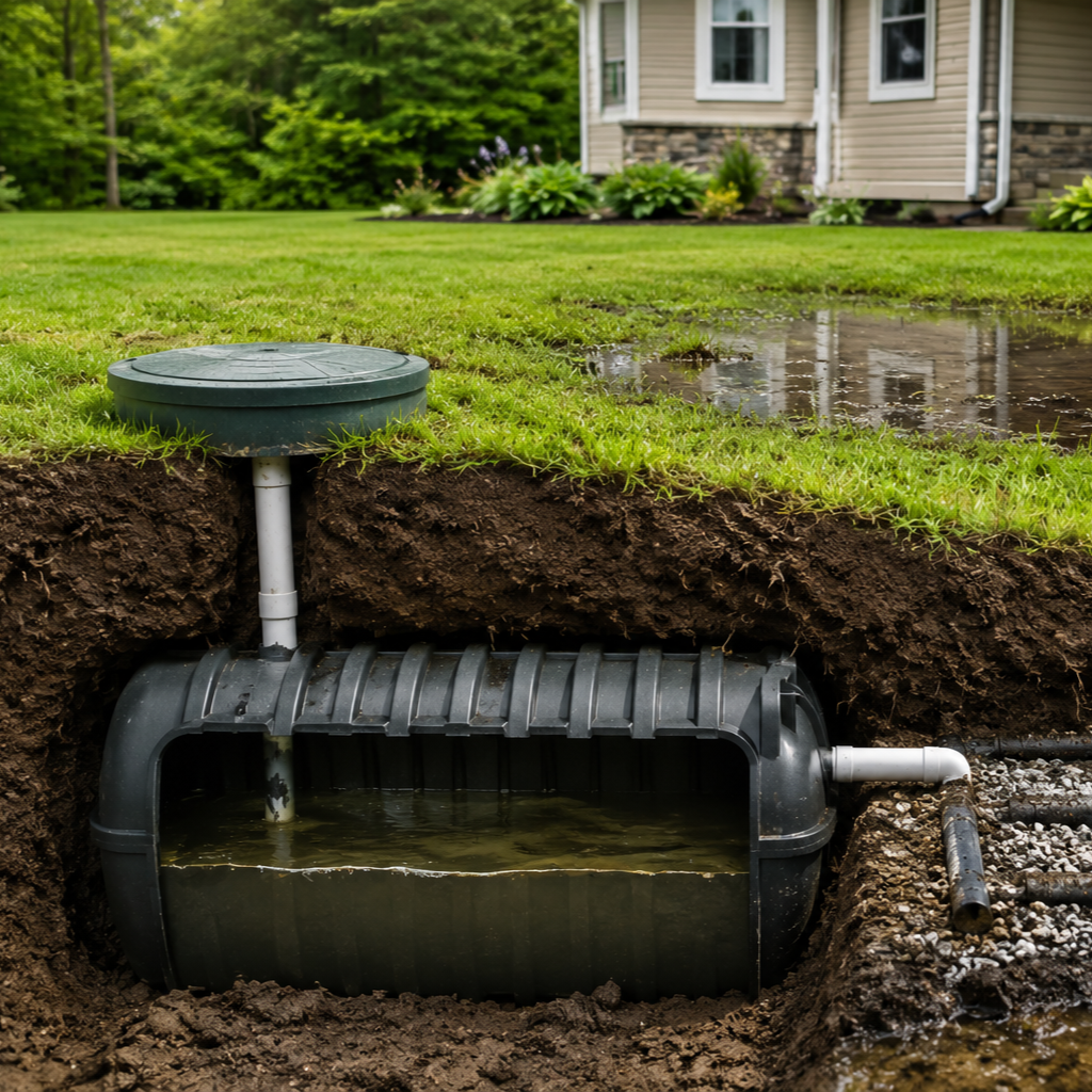 suburban yard with soggy green grass over septic drain field