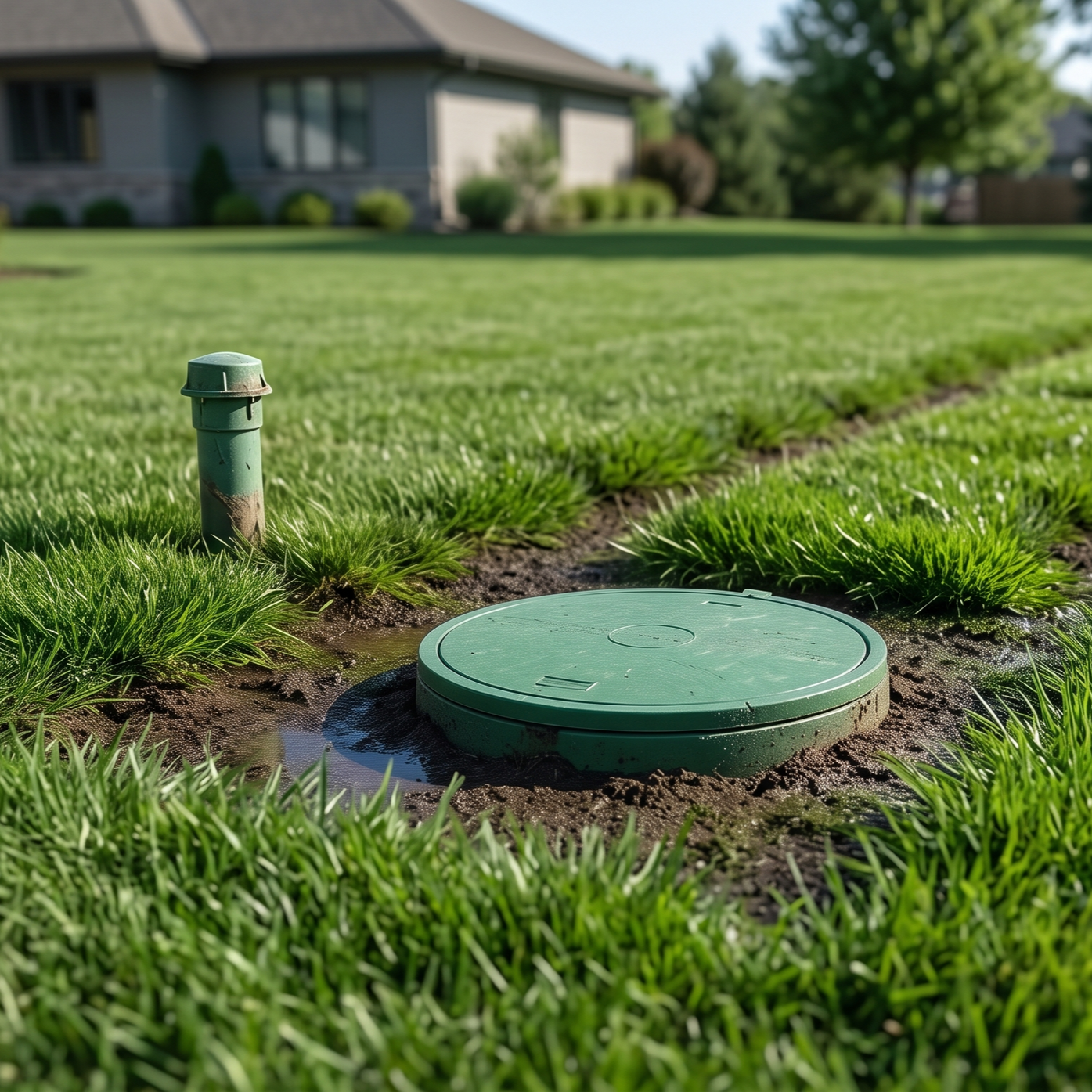 backyard grass near exposed septic vent pipe emitting odor