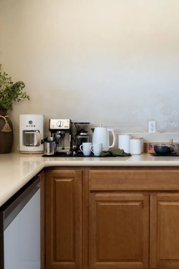 Coffee bar with espresso machine, drip coffee maker and kettle