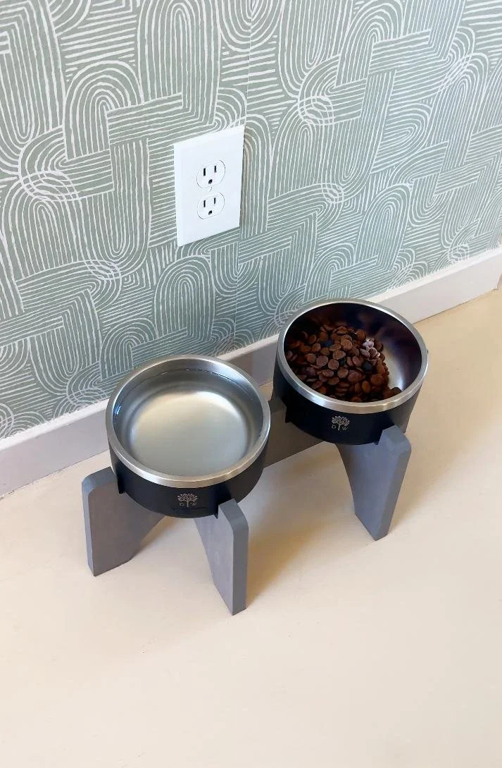 Elevated dog bowls at the dog-friendly Desert Willow Joshua Tree