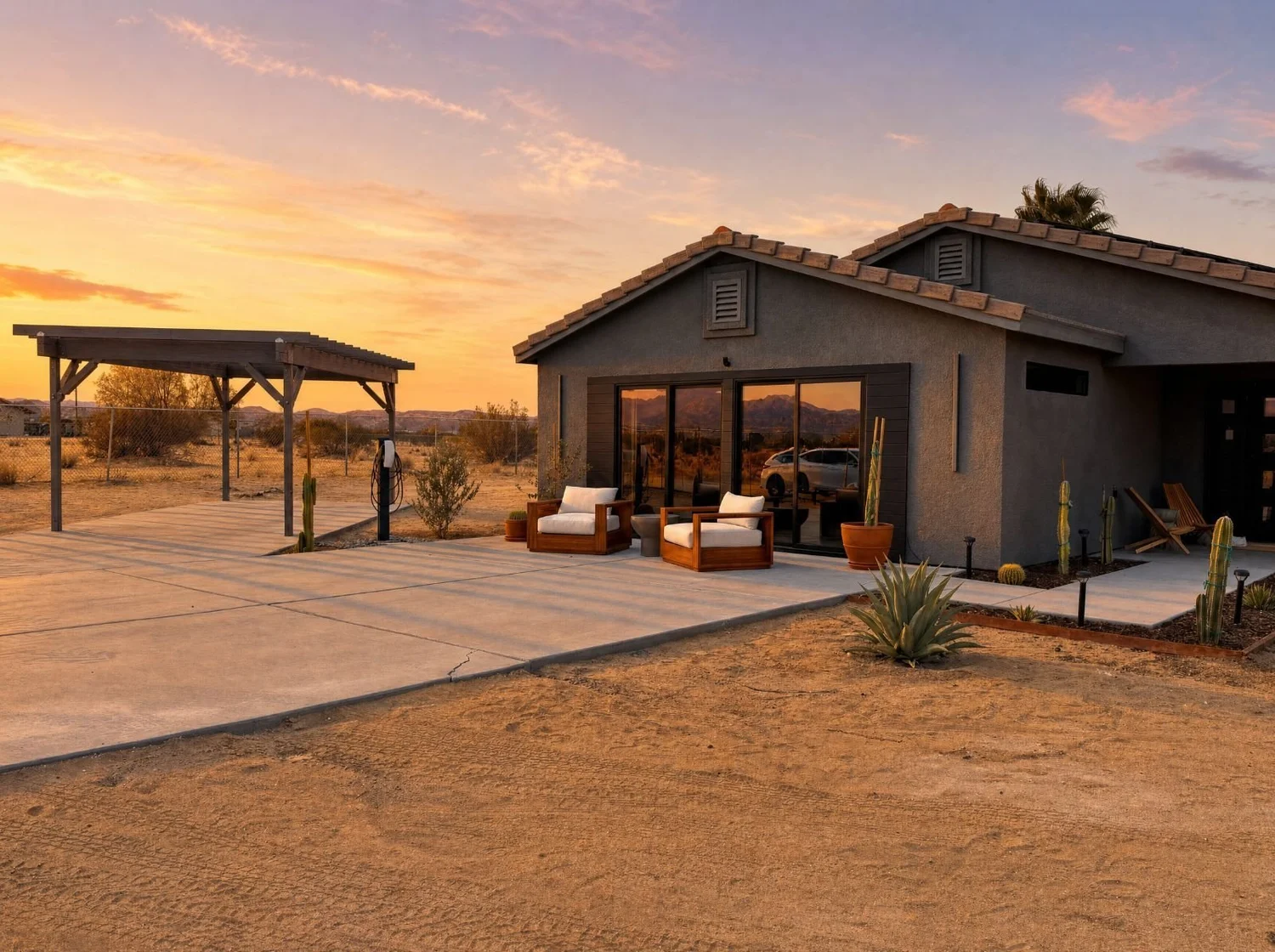 The Desert Willow Joshua Tree house exterior at sunset