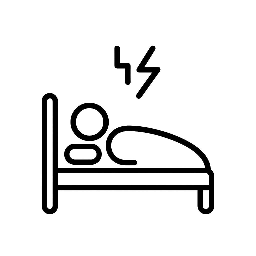 Icon of a person in bed with a stress symbol, representing broken or disrupted sleep