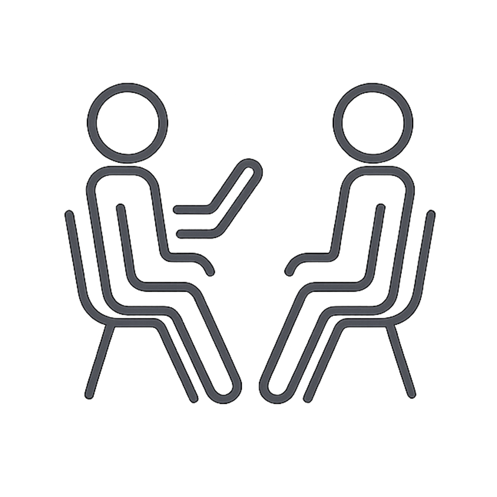 Icon of two people sitting together, representing comfort, safety, and emotional ease