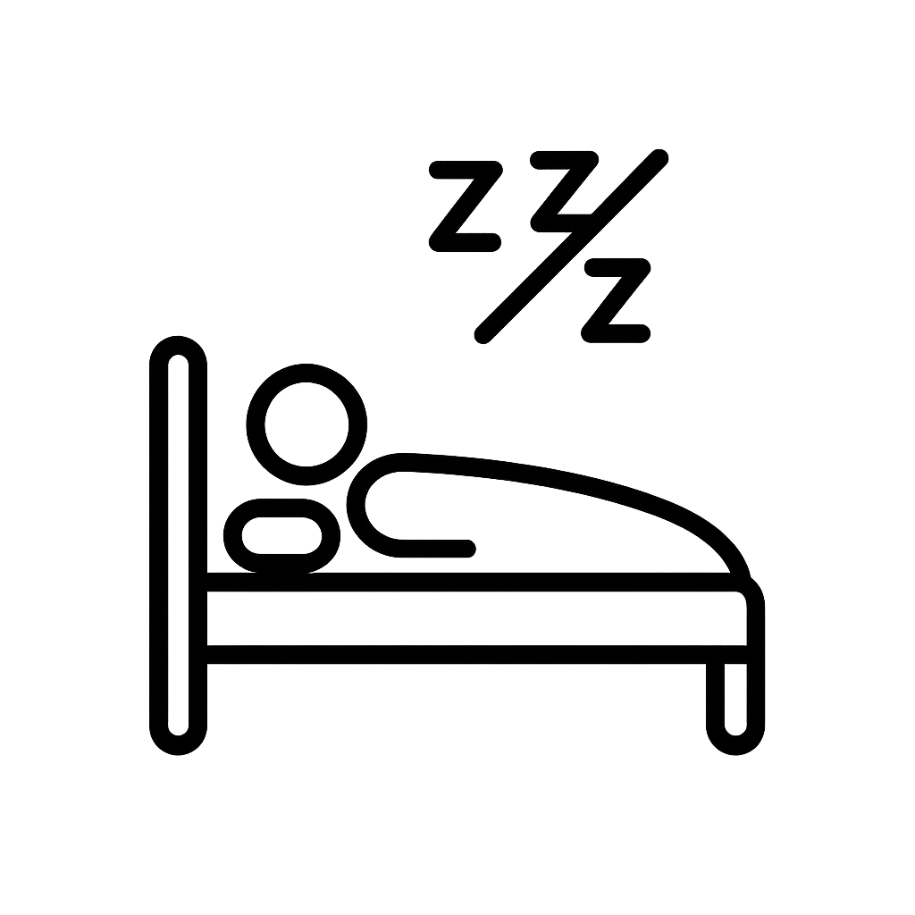 Icon of a person in bed with sleep symbols, representing insomnia relief
