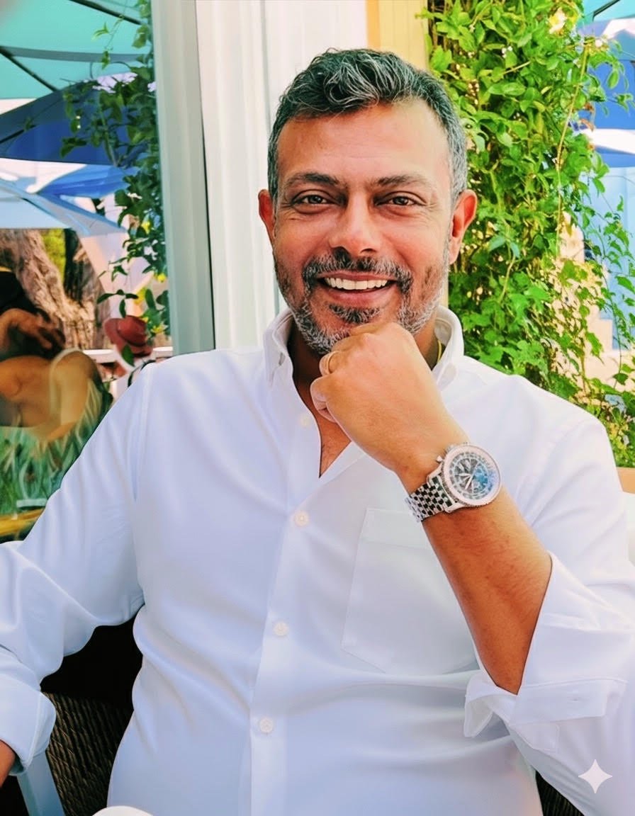 Author Neil Banerjee in a white shirt, smiling toward the camera
