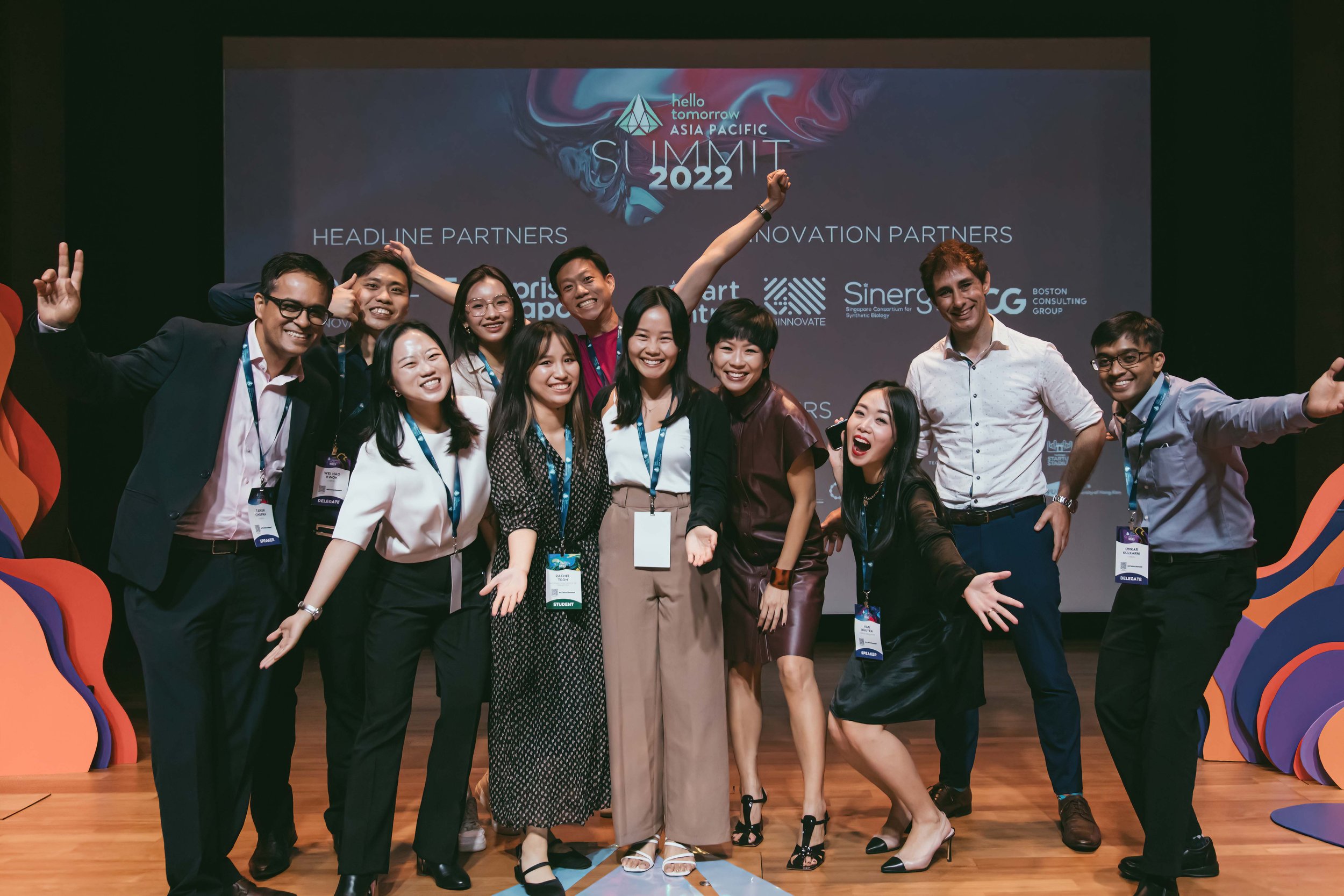 Hello Tomorrow Asia Pacific Summit at National Gallery Singapore with a speaker on stage addressing a deep tech audience