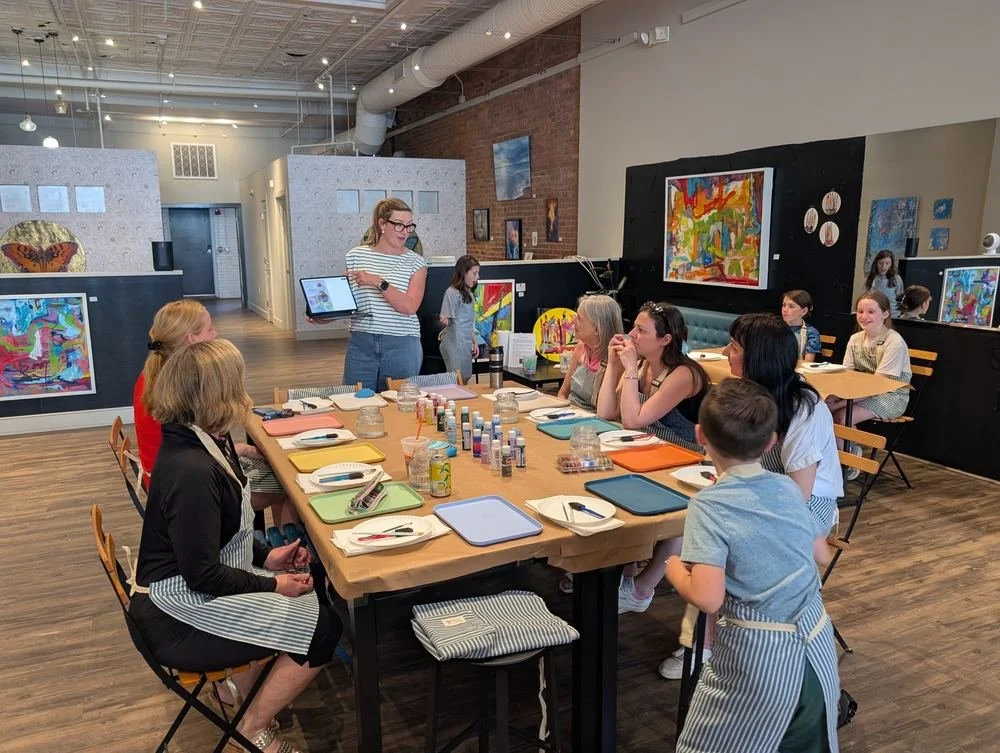 Katie leading a full table of students through a workshop