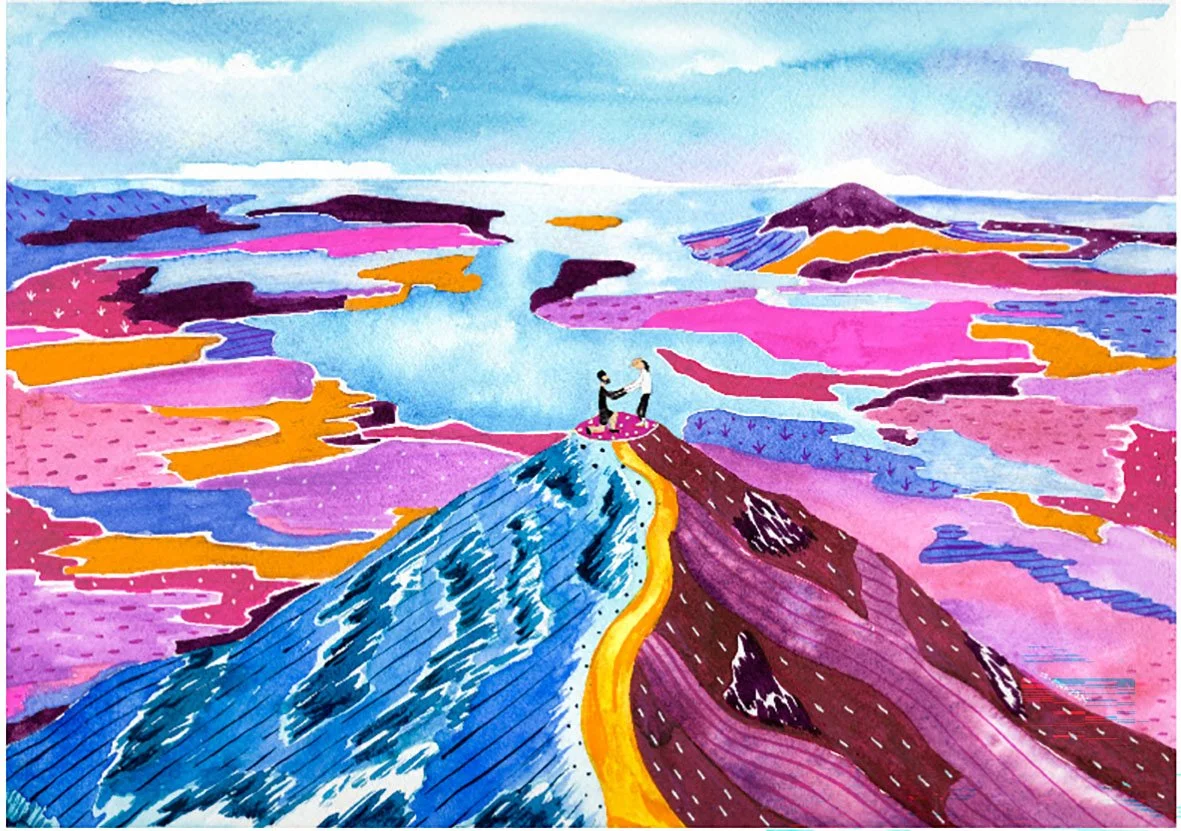 Just Jump, watercolour commission of a jungle swimming hole with a bridge