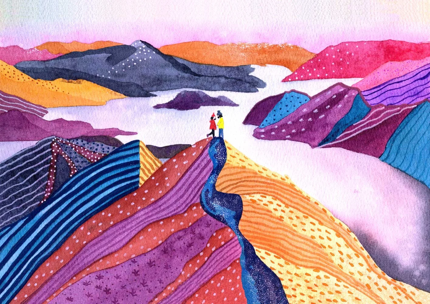 Watercolour commission of a couple at a colourful mountain lake at sunset