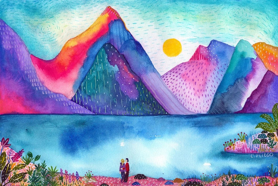 Watercolour commission of a mountain peak proposal scene