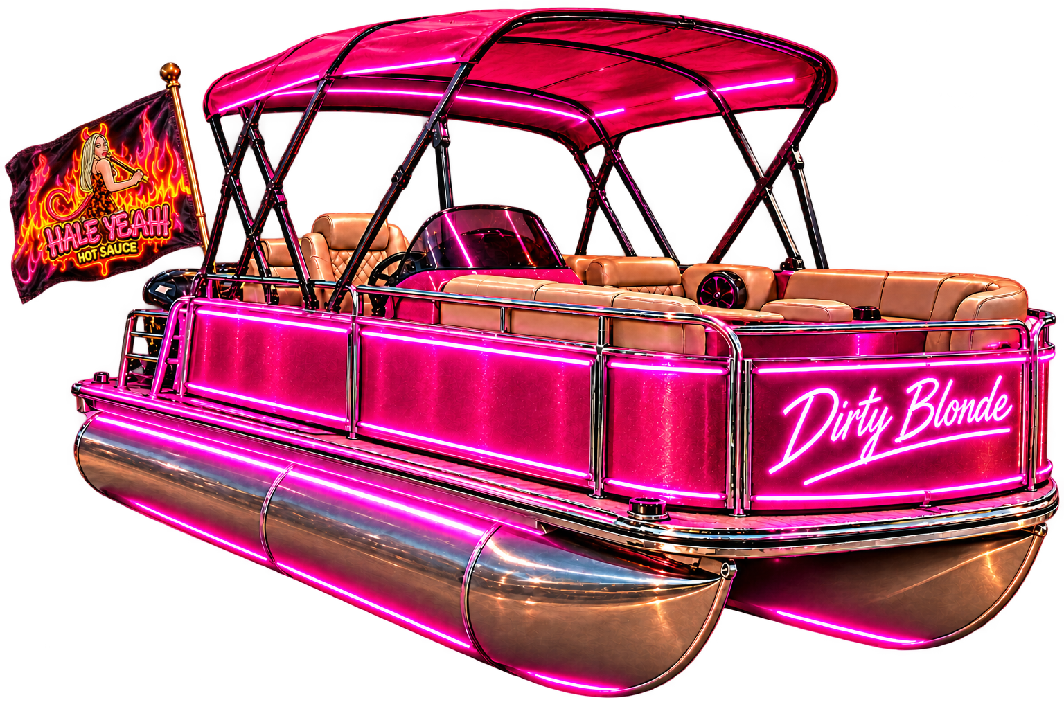 Pink neon Dirty Blonde pontoon boat flying the Hale Yeah Hot Sauce flag