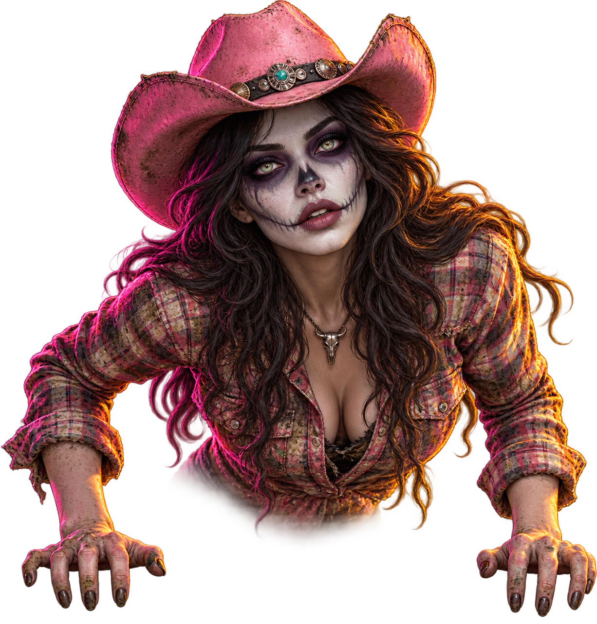 Cowgirl zombie pulling herself onto the dock
