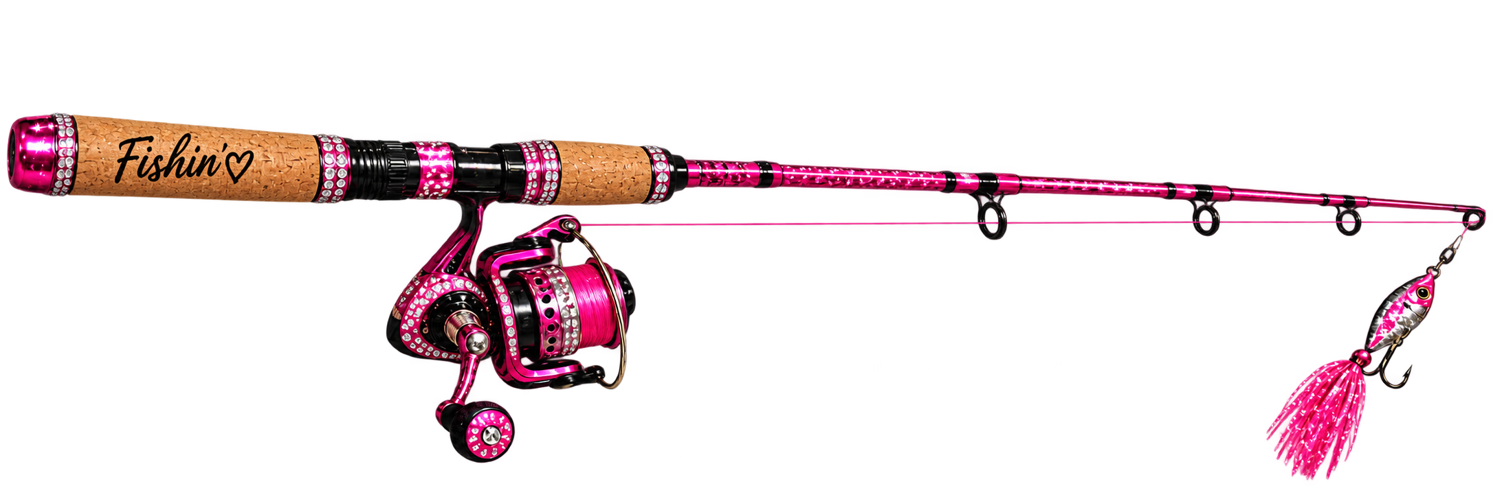 Pink rhinestone Fishin rod lying across the dock