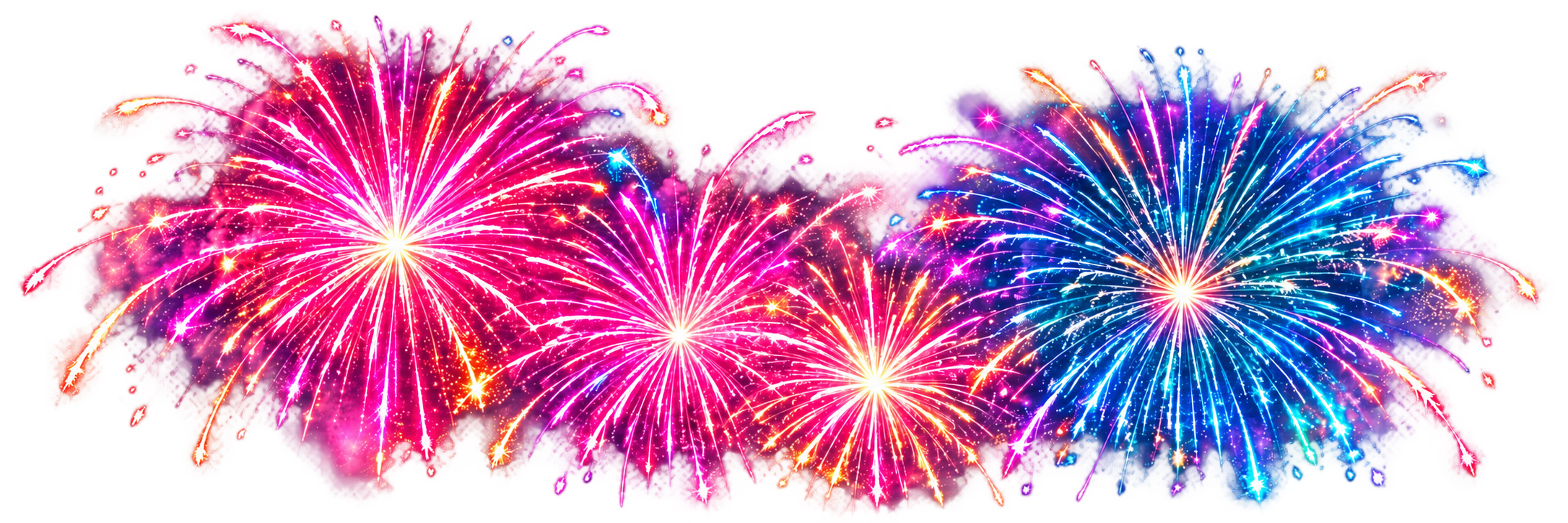 Pink and cyan fireworks above the saloon