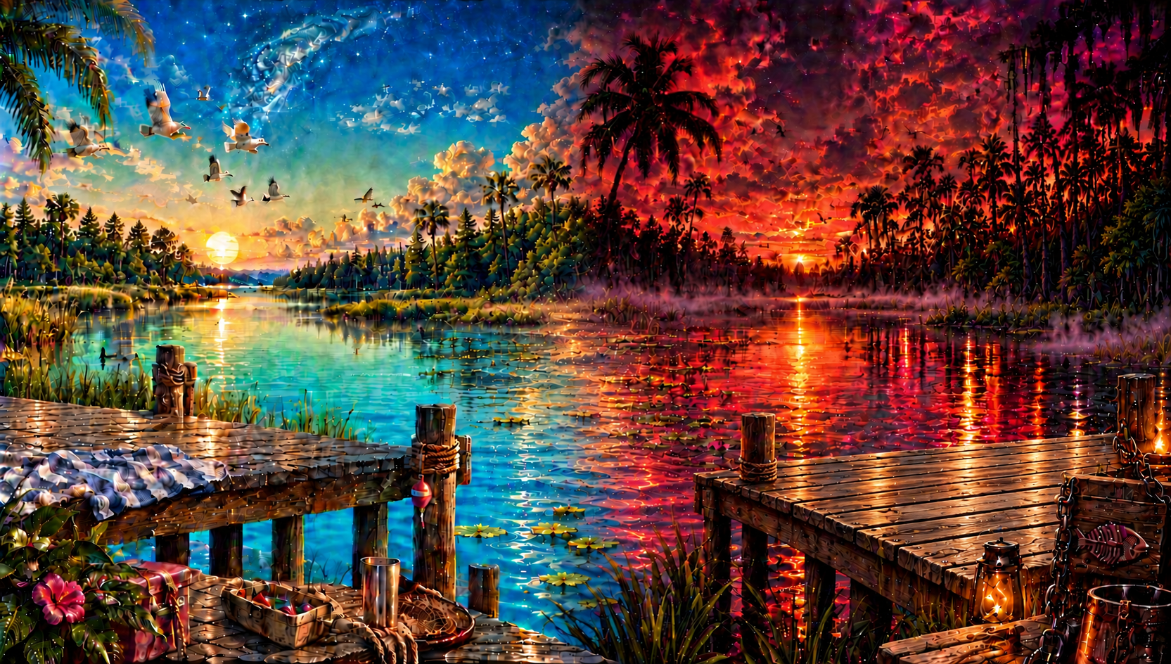 A southern fishing cove shifting from blue daylight to a fiery neon swamp