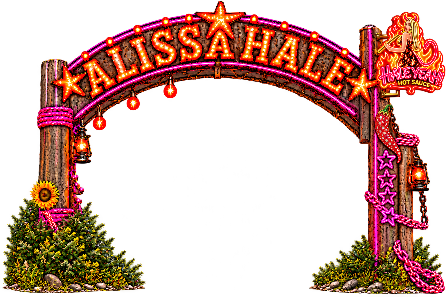 Alissa Hale illuminated arch with mounted Hale Yeah Hot Sauce neon and inset rhinestone pepper