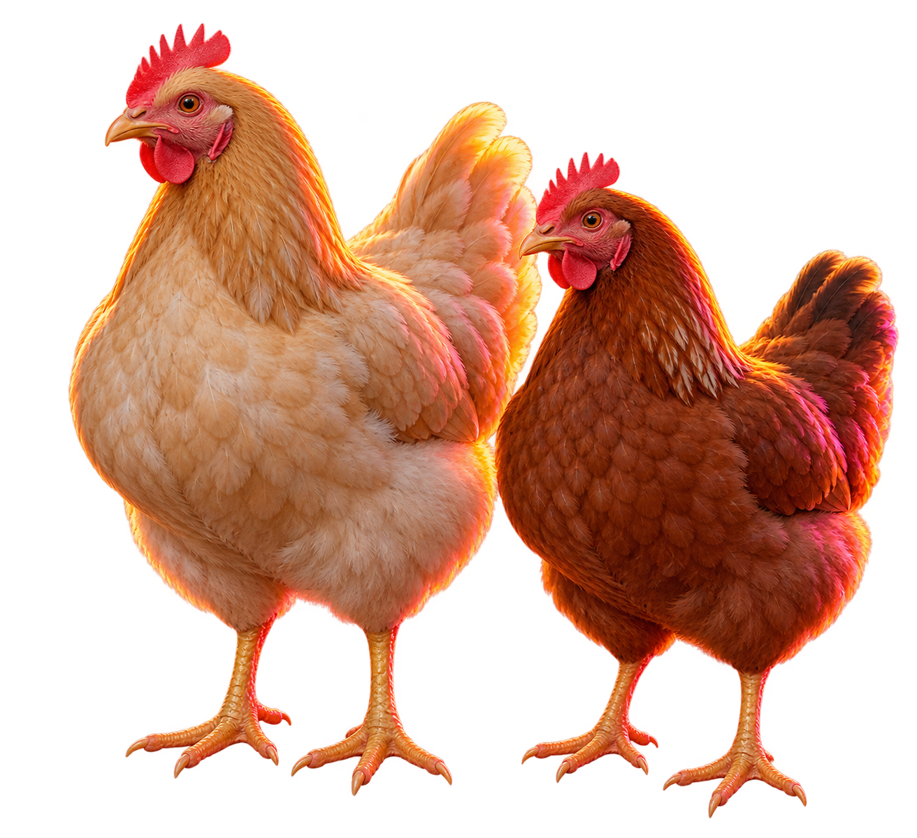 Two chickens standing in front of the RIDE truck’s right tire