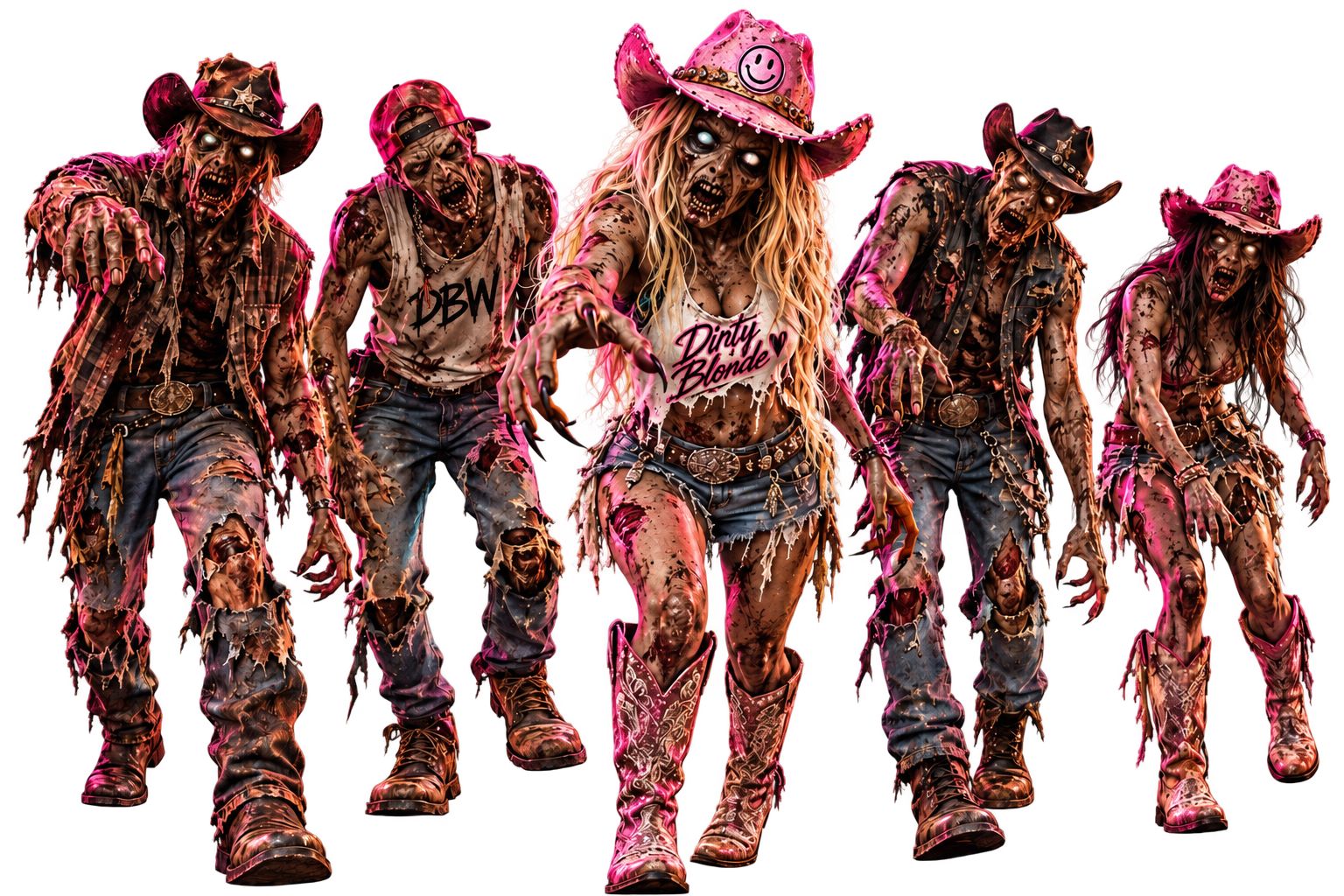 Five western zombies on the distant dock