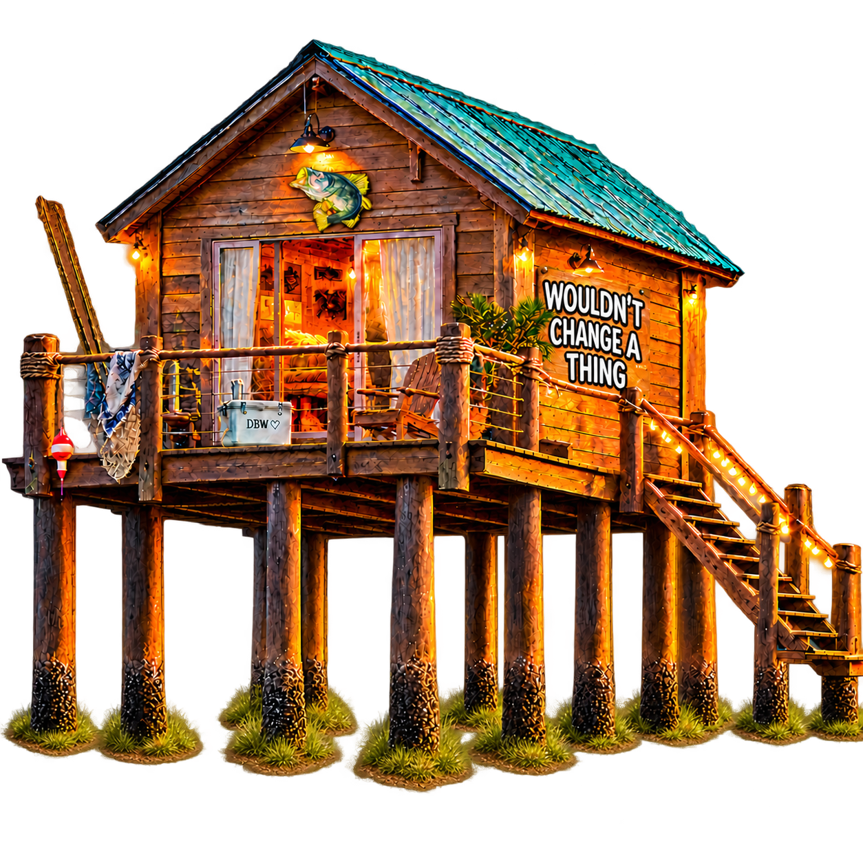 Warm wooden fishing cabin with a teal roof and built-in Wouldn’t Change a Thing sign