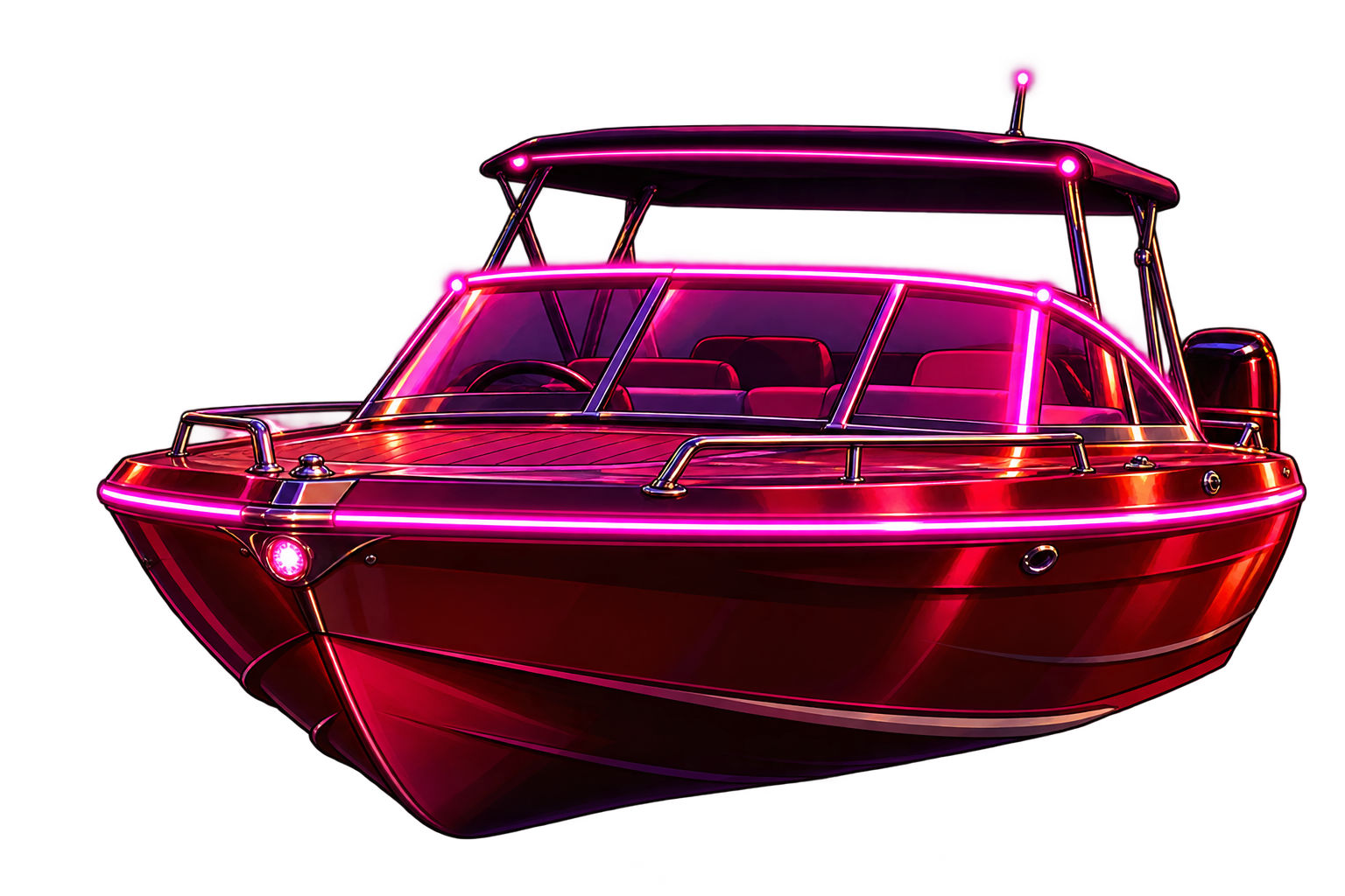 Pink neon motorboat approaching through the lake