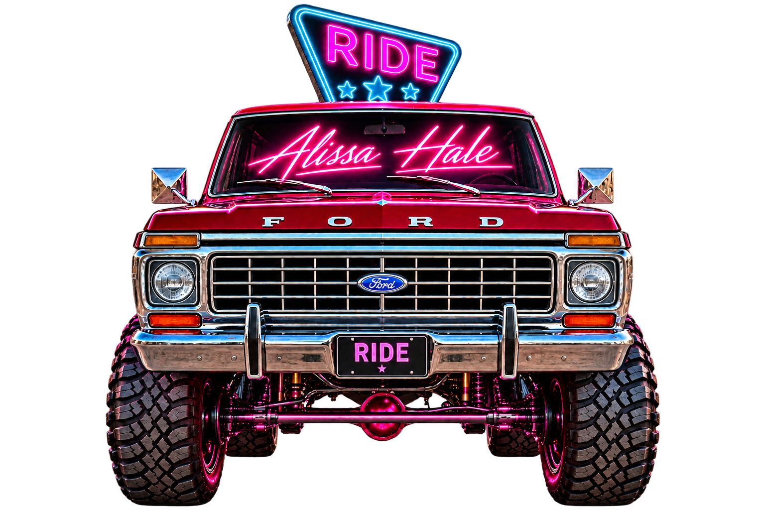 RIDE classic Ford truck with Alissa Hale neon windshield