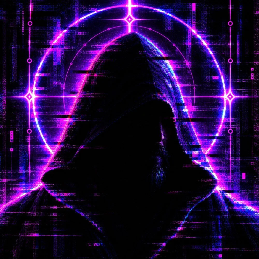 A hooded silhouette surrounded by violet and blue signal interference