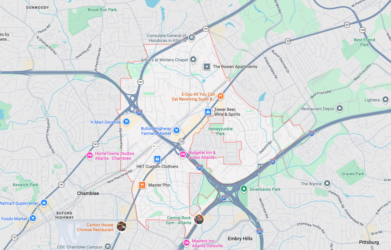 Garage door repair service area map in Doraville GA