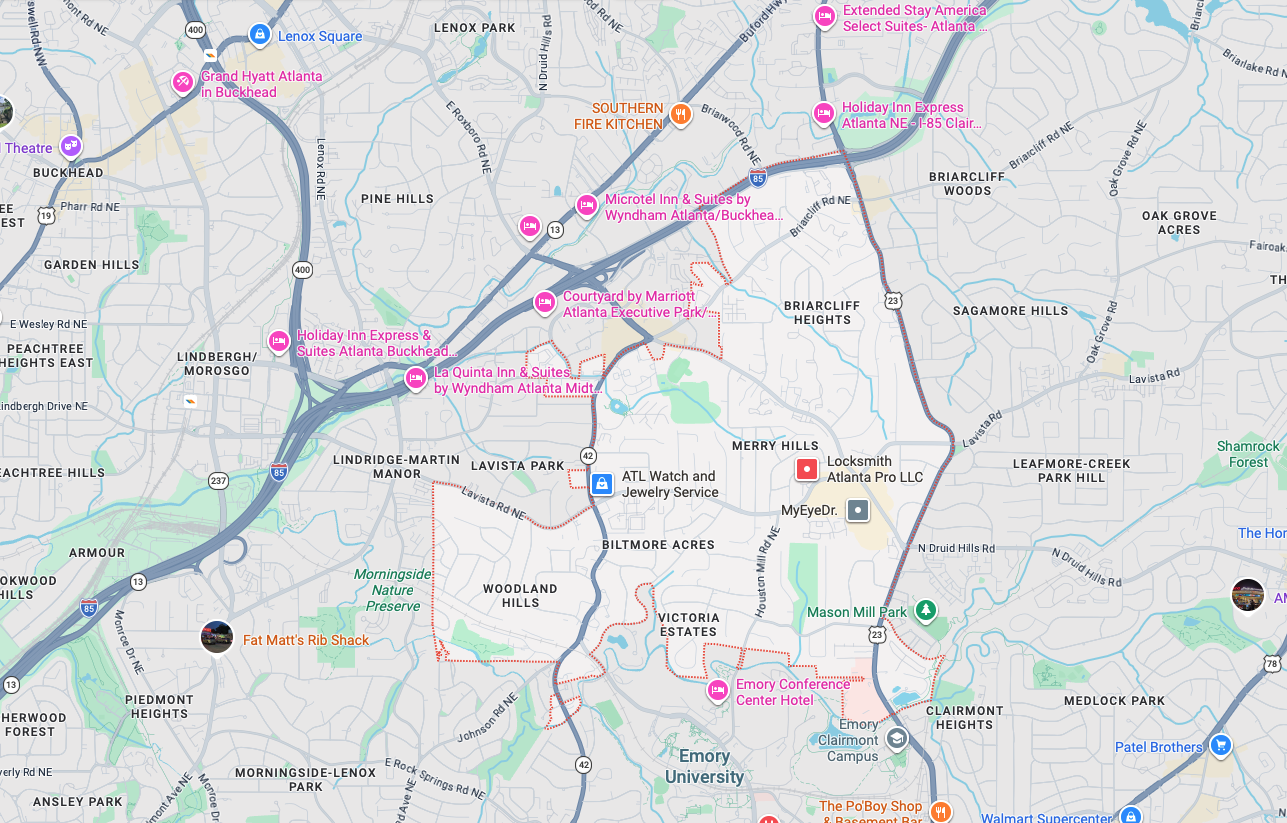 Garage door repair service area map in North Druid Hills GA