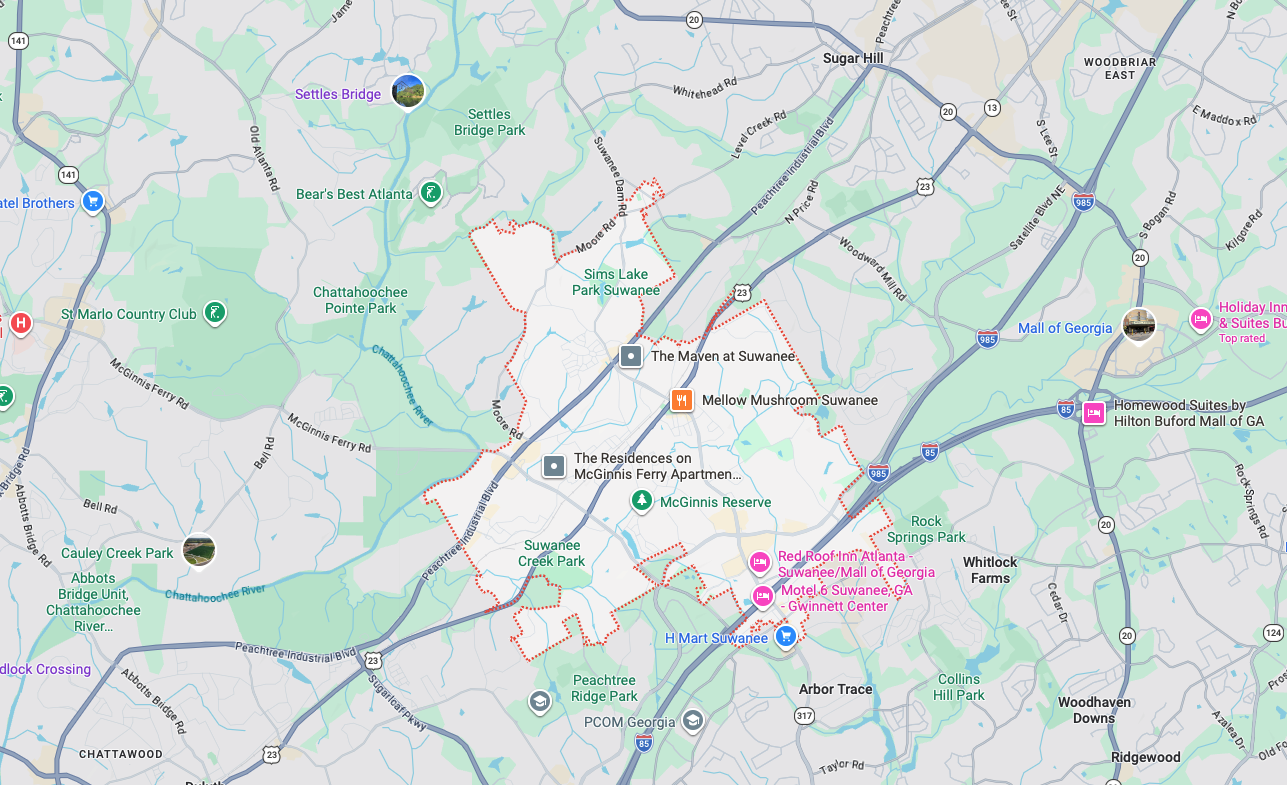 Garage door repair service area map in Suwanee GA