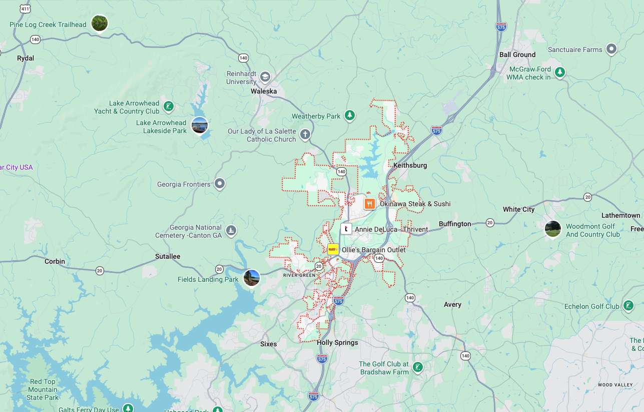 Garage door repair service area map in Canton GA